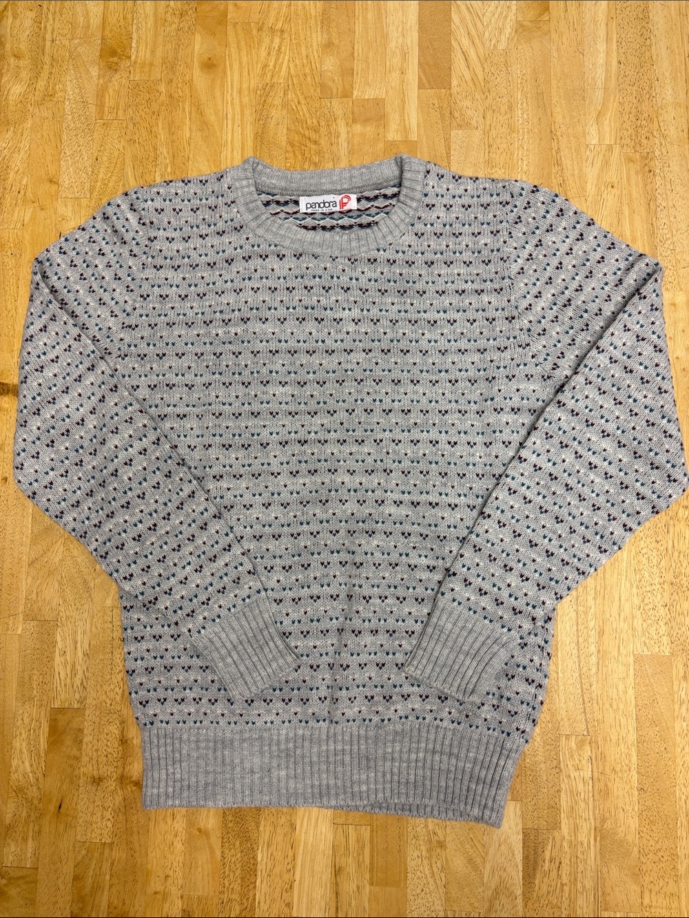 Vintage Pandora Knit Sweater Gray Geometric Micro Pattern Made In USA Medium M